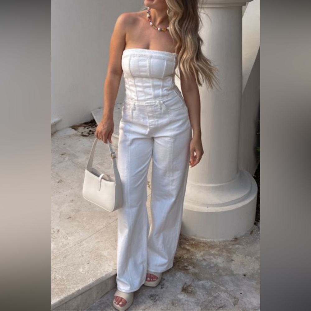 Zara White Strapless Denim Jumpsuit